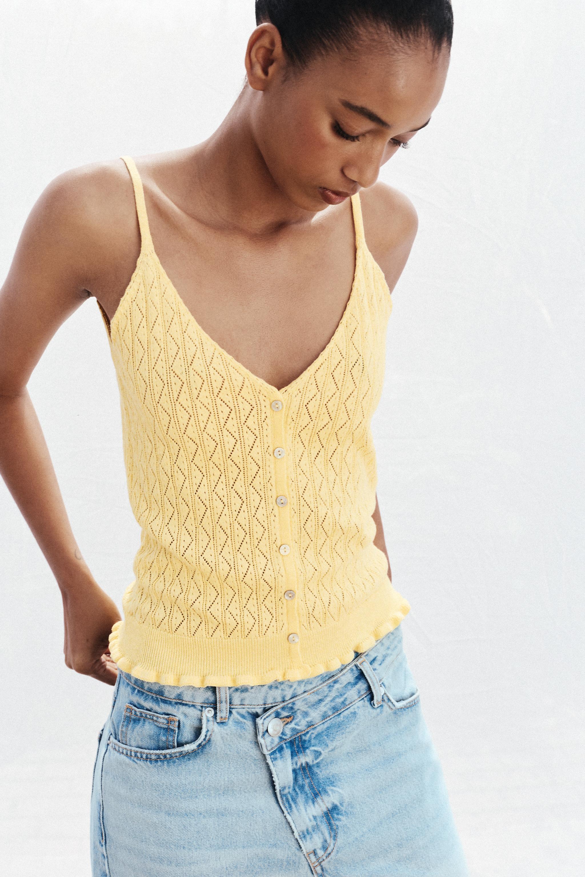 POINTELLE KNIT RUFFLED TOP